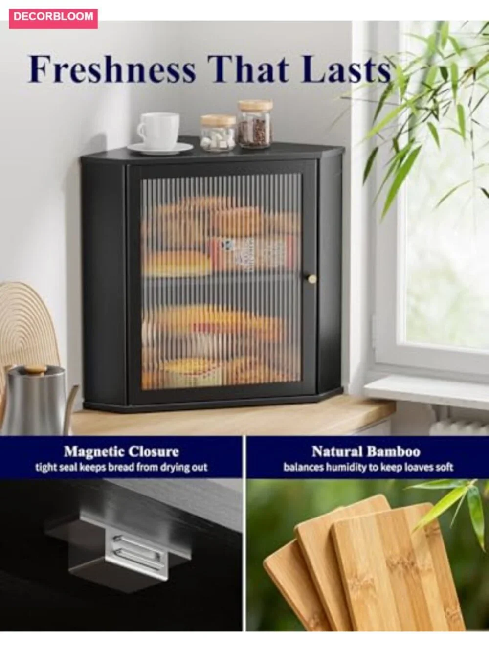 Wooden Corner Bread Box for Kitchen Countertop, Large, Bamboo
